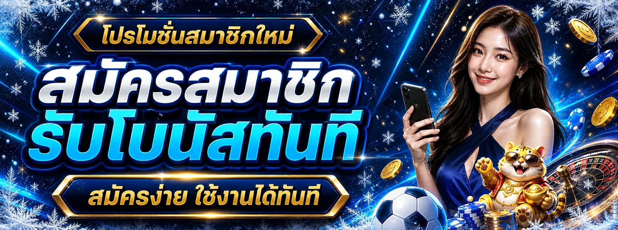 โปรโมชั่นสมาชิกใหม่ SNOWBET777 โทนน้ำเงินทองและคริสตัลหิมะ